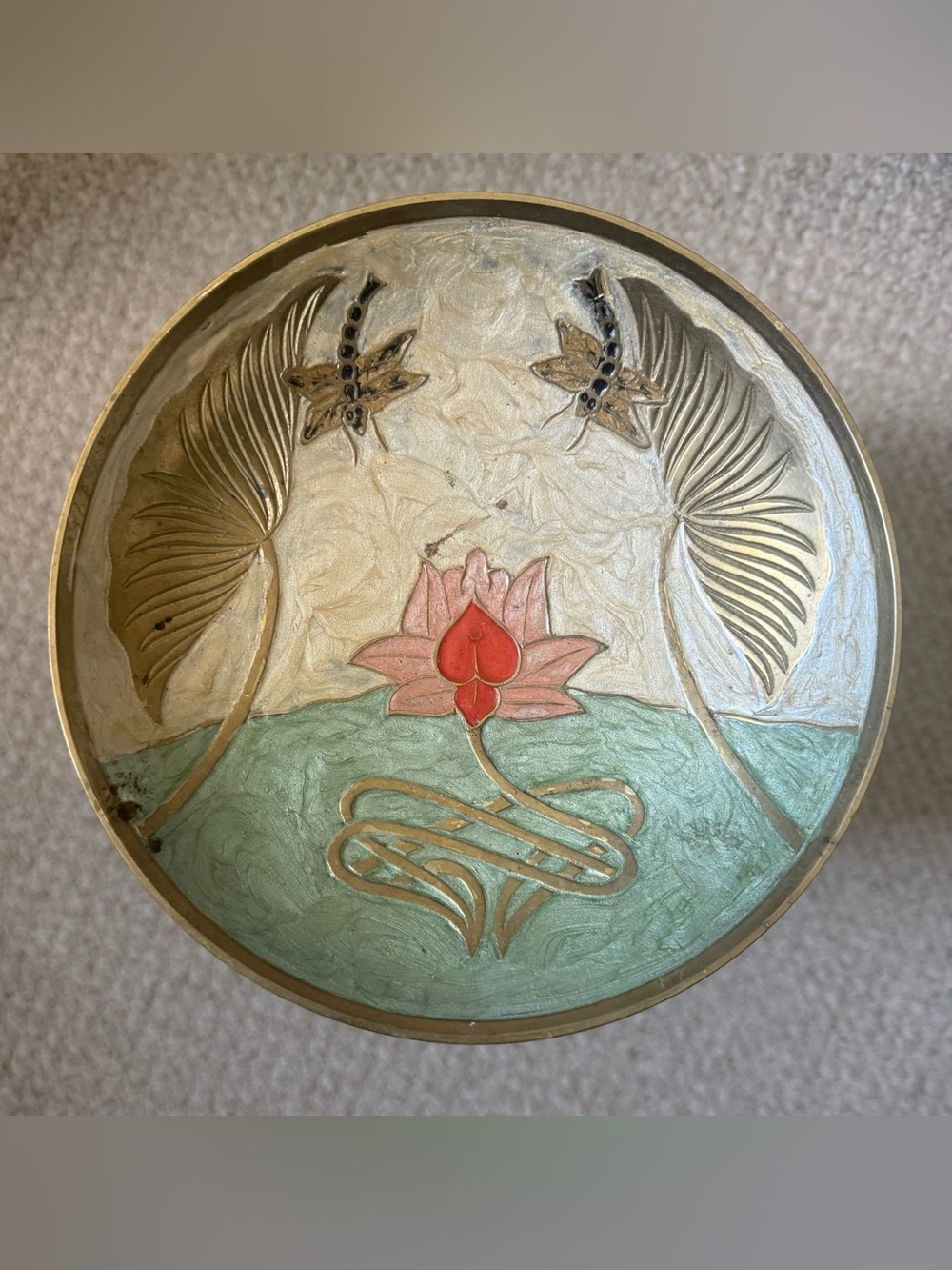 Vintage Lotus and Dragonfly Brass Enamel Decorative Bowl